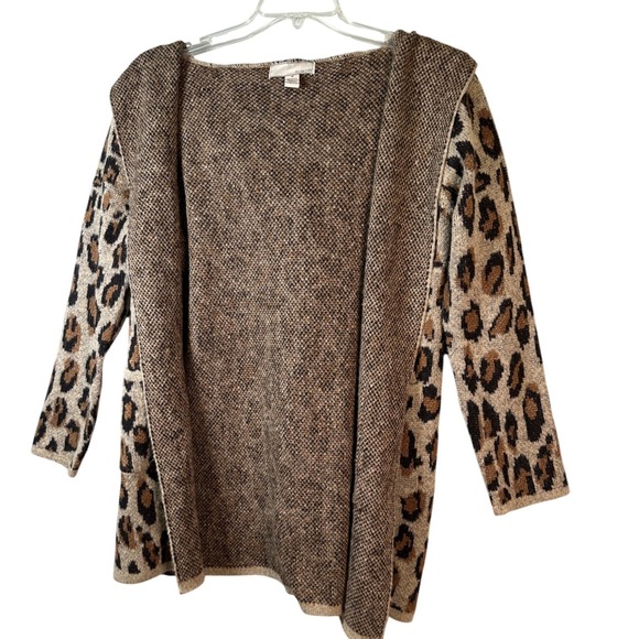 BY DESIGN Retro Sweater Leopard Print Open Front Cardigan Hooded Mob Wife Cozy - Picture 2 of 8